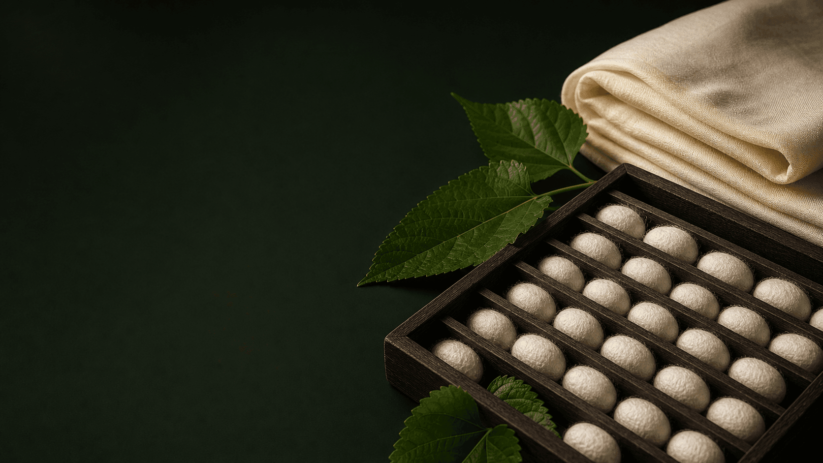 Silk fabric, cocoons and mulberry leaves